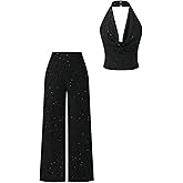 Verdusa Women's 2 Piece Sparkly Outfits Drape Neck Backless Crop Halter Tops with Wide Leg Pants