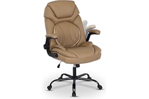 Comermax Modern Executive Office Chairs with Lumbar Support, 90-120° Rocking Managerial Chair Ergonomic PU Leather Home Office Desk Chairs with Wheels, Flip-up Arms & Back Support (Khaki)
