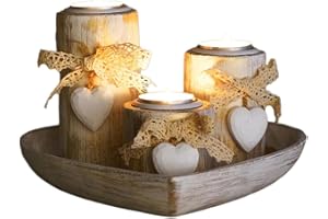 TSMORY Decorative Wooden Tea Light Candle Holder with Heart Shaped Bowl for Dining Table Centrepieces and Living Room Decorat