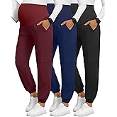 Yearntown 3 Pack Women's Maternity Scrub Pants, Workwear Pregnancy Jogger Pants Over Belly Yoga Sweatpants Zippered Pockets