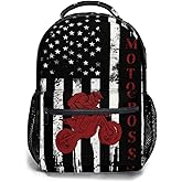 Dirt Bike Backpack for Boys American Flag Motocross School Bookbag Vintage Black White and Red Racing Motorcycle College Shoulders Back Pack for Travel Hiking Camping
