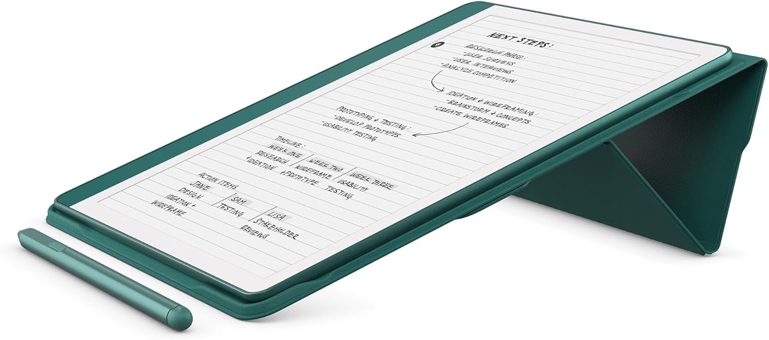 Amazon Kindle Scribe Essentials Bundle including Kindle Scribe (64GB) - Metallic Jade, Premium Pen, Leather Folio-Jade, and Power Adapter