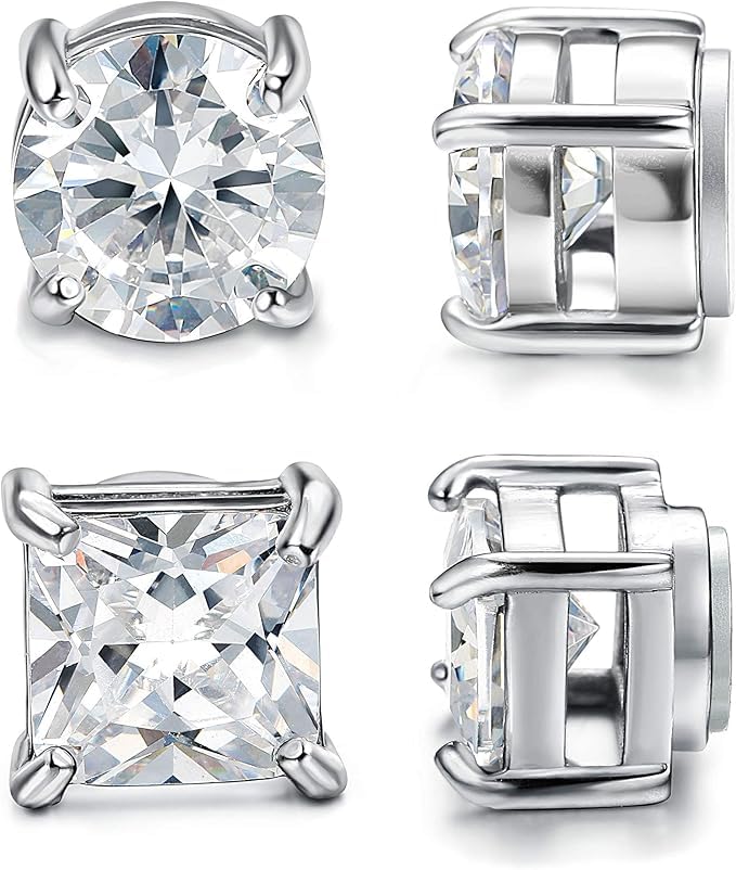 MILACOLATO 2 Pairs Stainless Steel Stud Earrings for Men Women Fake Non-piercing CZ Hypoallergenic 4-10mm