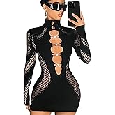 Linzdvay Sexy Long Sleeve Club Outfits for Women, High Neck Bodycon Mini Going Out Hollowed Out Rhinestone Tight Short Dress