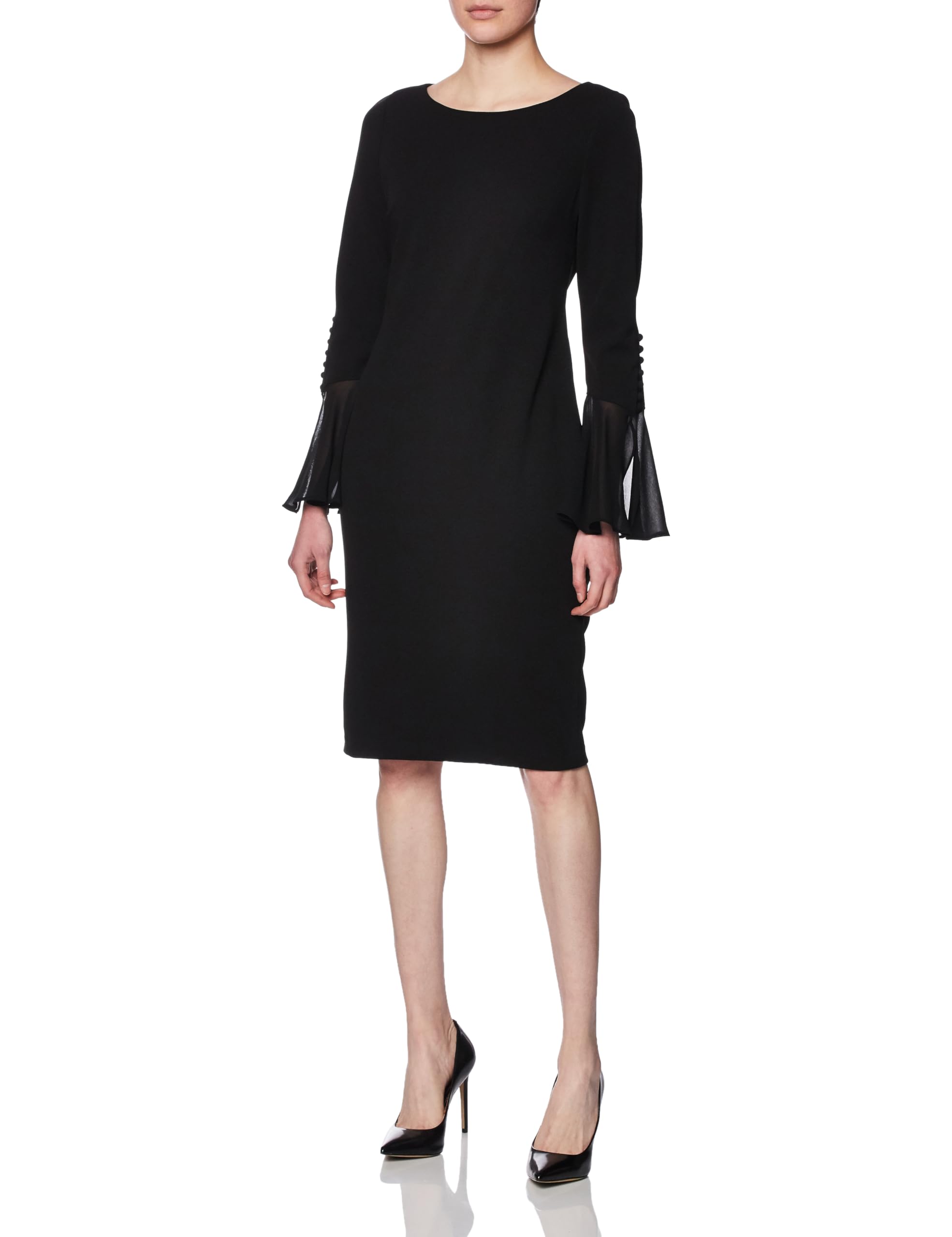 Calvin Klein Women’s Solid Sheath with Chiffon Bell Sleeves Dress, Black 2, 14