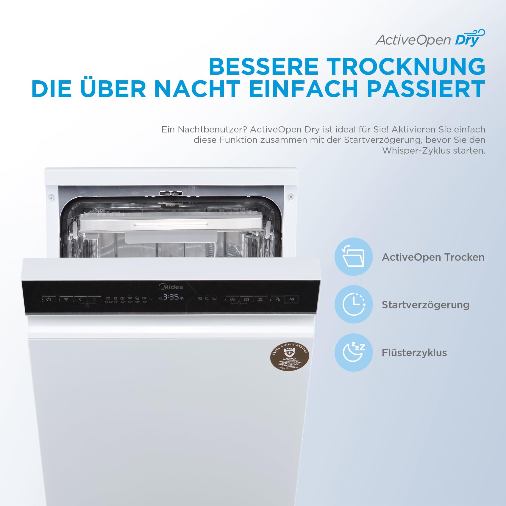 Midea Spülmaschine 45 cm MDWEF1034DW-WE, Geschirrspüler Freistehend 10 Maßgedecke, Besteckkorb, höhenverstellbarer Oberkorb, Aqua-Stopp, Startzeitvorwahl, Weiß [Energieklasse C] 6