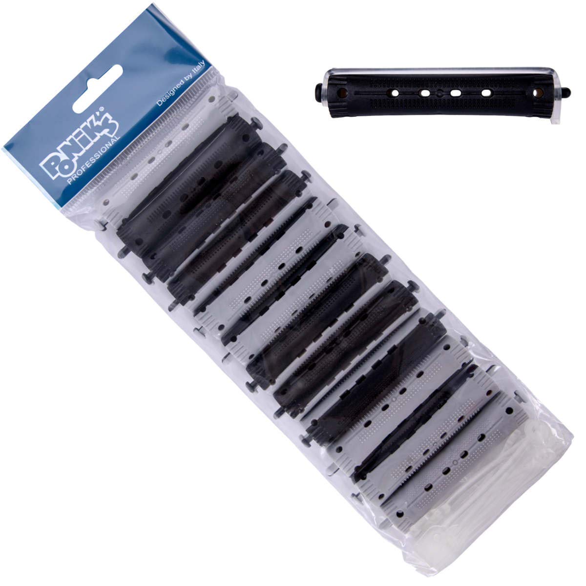 Ponik's Perm Rollers, Hair Rollers for Perm Set - 16 mm - 12 Pieces - Cold Wave Curler with Round Rubber Tabs, Black Grey