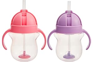 Munchkin Any Angle Sippy Cups for Toddlers, Spill Proof Weighted Straw Cup with Transition Handles for Babies 6 Months and Up, 7 Ounce, 2 Pack, Pink/Purple