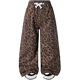 Nivne Tco Toddler Girls Baggy Jeans Trendy Leopard Print Casual Loose Drawstring Waist Wide Leg Denim Pants