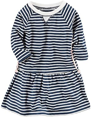Girls Long Sleeve Striped Knit Dress With Braid Detail; Navy & White