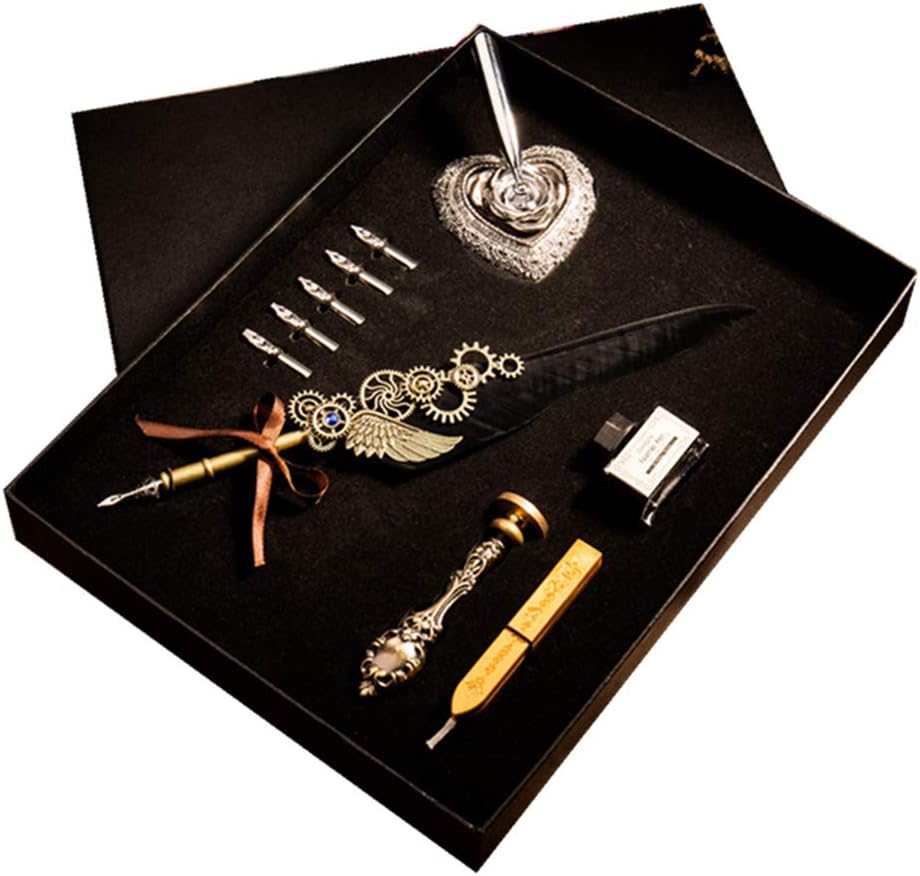 Doppelt Quill Pen Gift Set Antique Honorable Dip Feather Pen Steampunk Style Calligraphy Writing Luxury with 6 PCS Nibs Holder Ink Bottle Sealing Wax Seal Stamp