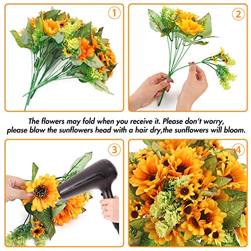 JOHOUSE 5PCS Artificial Sunflower Bouquet, 9.8inch Silk Sunflower Wedding Flower, Home Decoration Wedding Decor