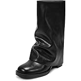 ISNOM Womens Black Boots - Mid Calf Fold Over Chunky High Heel Boots for Women With Side Zipper PU Leather Womens Shark Boot Calf High Square Toe Slouchy Boot for Women