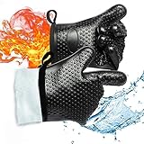 Gold Meier BBQ Grilling Gloves, Heat Resistant Waterproof Gloves Silicone Oven Mitts Kitchen Five Finger Gloves