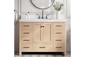 ARIEL 48'' Bathroom Vanity with Sink, American White Oak Solid Wood, 1.5 inch Edge Carrara White Quartz Countertop & Backsplash, 2 Soft Closing Doors, 9 Full Extension Dovetail Drawers, Matte Black