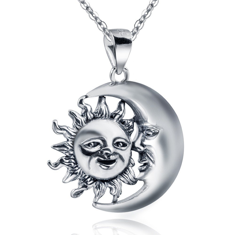 MATERIA 925 Sterling Silver Moon and Sun Antique Pendant with Jewellery Box, #KA-253