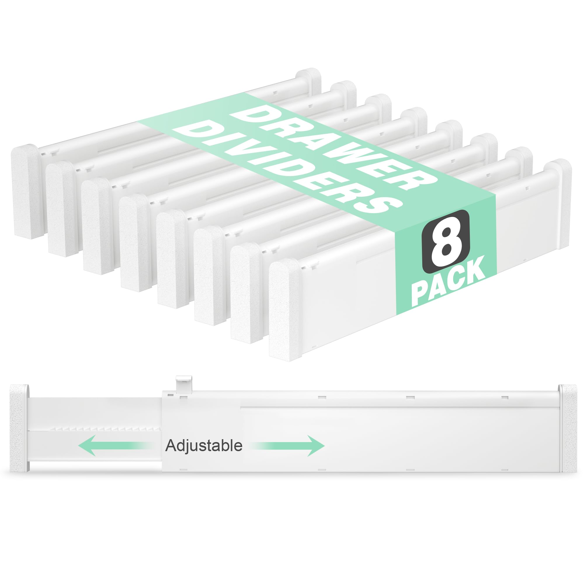 FUNIZE Expandable Drawer Dividers 8 Pack, 2.36" High, 12.6-22.8 Clear Drawer Organizers for Utensils, Clothes, Adjustable Kitchen Drawers Separators in Dresser, Bedroom, Bathroom, Office Storage