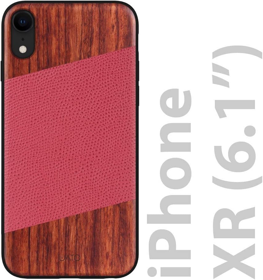 iATO iPhone XR Case Wood & Leather. Unique & Classy Red Lizard Pattern Genuine Leather & Real Natural Rose Wood iPhone XR Case {Shockproof & Raised Lips} iPhone XR Real Wood & Genuine Leather Case