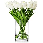 ENOVA FLORAL 20 Heads White Tulips Real Touch Artificial Flowers in Vase, Fake Tulips Flowers with Vase and Faux Water for Dining Table Decoration, Home Wedding (White)
