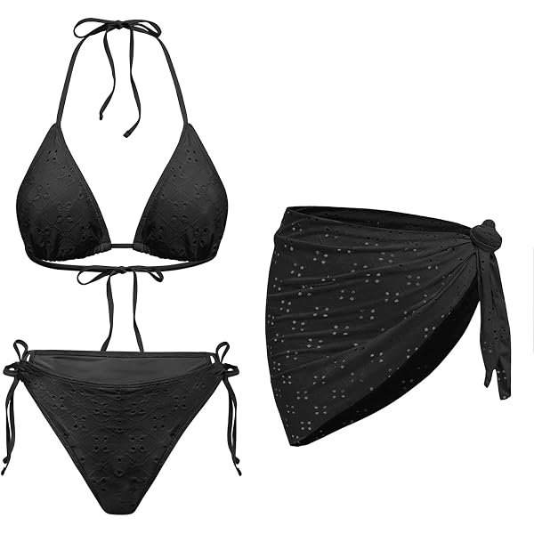 Women's 3-Piece Floral Bikini Set - Halter Triangle Top, Tie Side Thong, With Cover Up Skirt