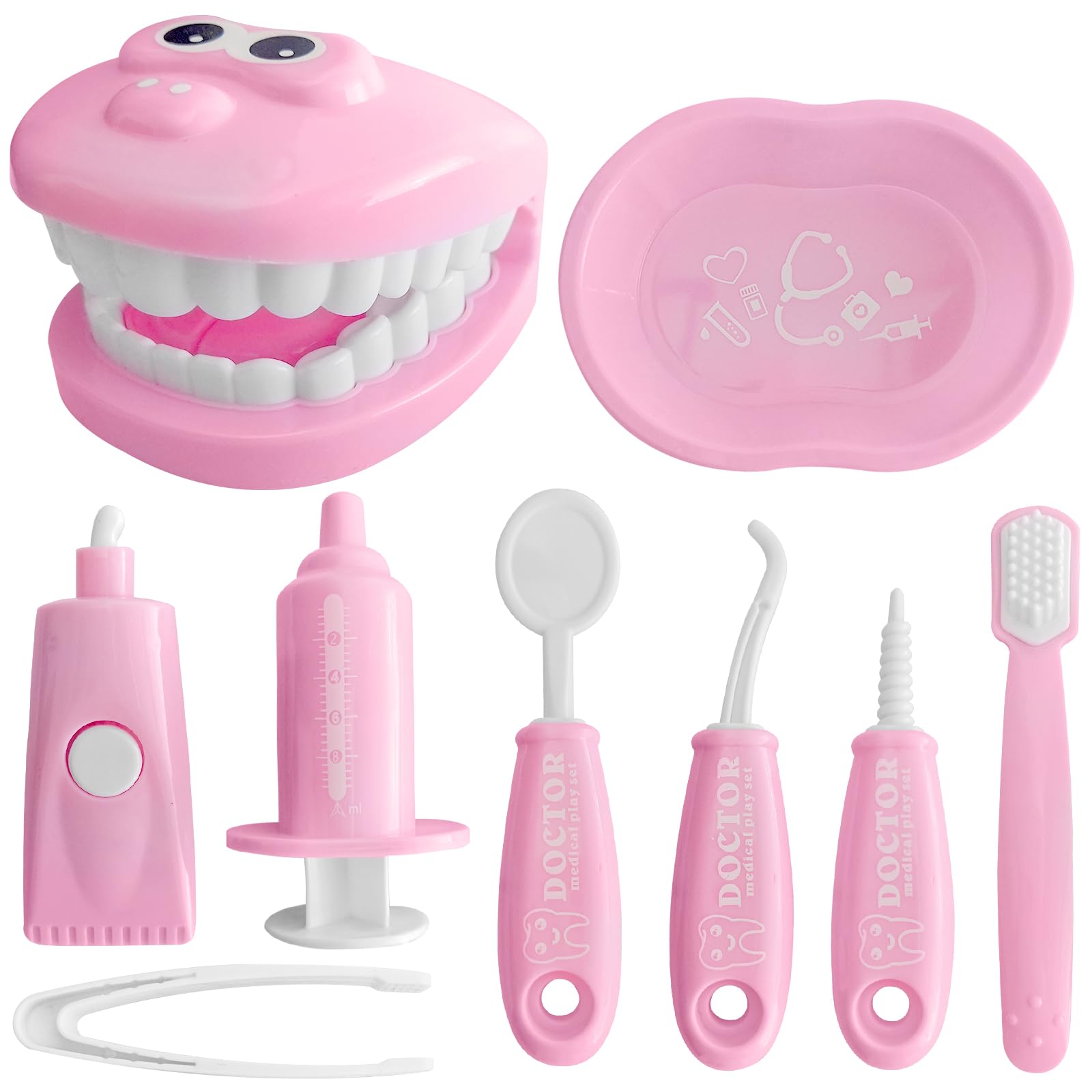 Photo 1 of 9-Piece Dental Pretend Play Set, Educational Dentist Play Kit with Teeth Model, Toothbrush, Dental Mirror, Syringe, Toothpaste, Tray, and Dental Tools, Fun Pretend Play Doctor Kit for Kids (Pink)