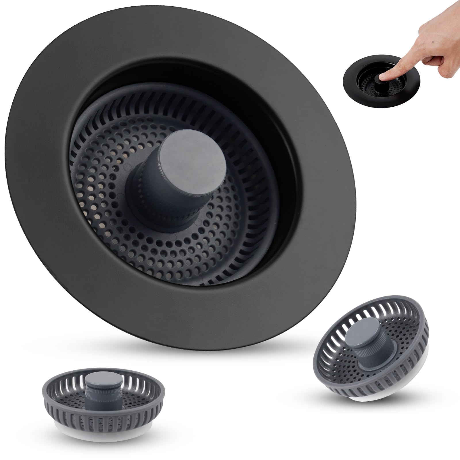 Photo 1 of Black Kitchen Sink Strainer Stopper Combo Equiped with Extra 2pcs Baskets, 3 in 1 Pop-up Metal Sink Drainer for US Standard 3-1/2 inch Drain Filter, Quality ABS Basket for Anti-Clog