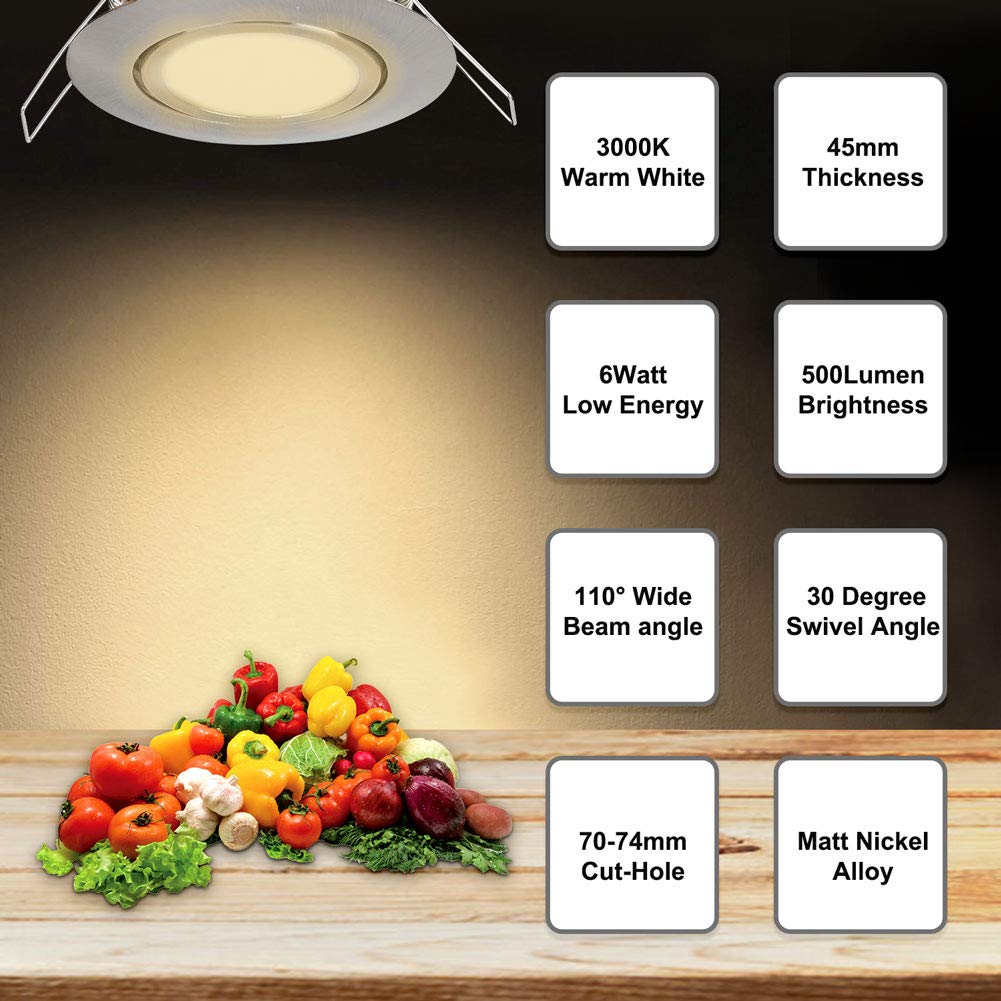 Spots LED Éclairage 6W encastré IP44 3000K blanc chaud Matt Nickel LED Plafond Spotlights (aucun pilote nécessaire) pour bain/douche/soffites/Cuisine