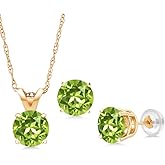 Gem Stone King 14K Yellow Gold Green Peridot Pendant Earrings Jewelry Set For Women | 1.50 Cttw | Gemstone August Birthstone | Round 5MM | with 18 Inch Chain