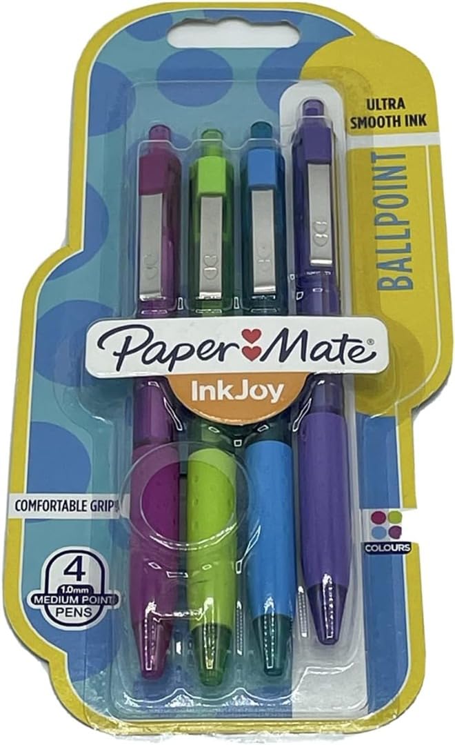 Paper Mate Inkjoy Ballpoint Set of 4 Pens with Ultra Smooth Ink - Magenta, Lime, Turquoise and Purple (1968178)