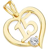 14k REAL Yellow Gold CZ 15 Years Heart Charm Pendant