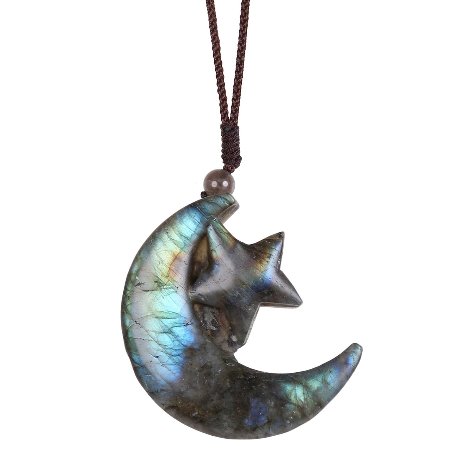 KYEYGWO Natural Labradorite Pendant Necklace with Adjustable Cord, Crystal Star Moon Necklace Gothic Jewellery Gifts for Men Women