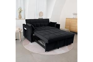 SumKea 55.2'' Pull 2-Seater Sleeper Loveseat, 3-in-1 Reclining Sofa Bed, Futon Adjustable Backrest with Pillows, Pockets, Couch for Living Room Apartment Lounge, Black