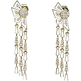 2026Gold-Tone Bowknot Dangle Earrings with Rhinestones & Enamel, Long Tassel Hidden Back Stud Earrings for Women Party Evening Daily Outfit