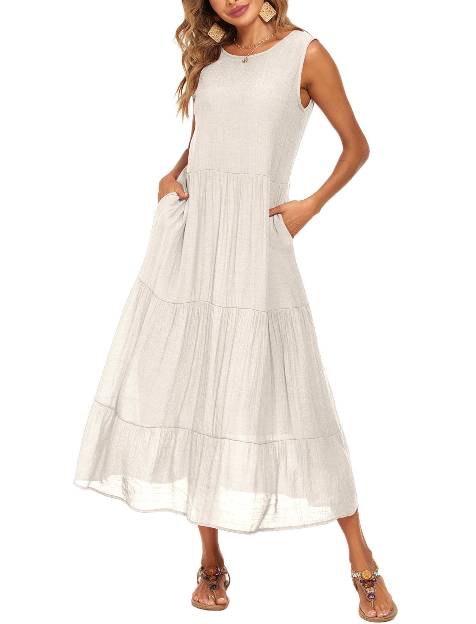 Photo 1 of **BEIGE**Halife Women's Summer Sleeveless Pleated Swing Casual Long Maxi Dress with Pockets Beige MEDIUM