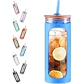 Kodrine 20oz Glass Tumbler with Straw and Lid, Iced Coffee Cups with Bamboo Lids, Glass Cups for Cold Drinks, Smoothie Cup with Silicone Sleeve for Travel, Work, BPA FREE-SkyBlue