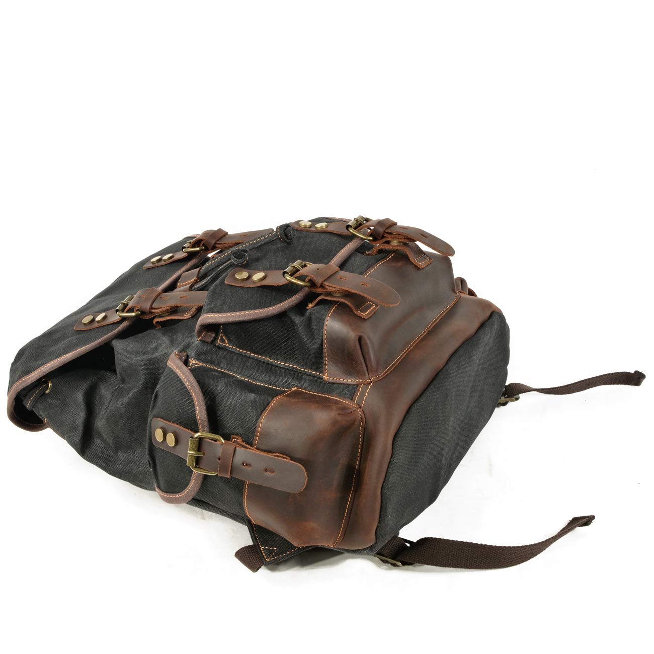 WUDON Men Travel Backpack, Genuine Leather-Waxed Canvas Shoulder Hiking Rucksack