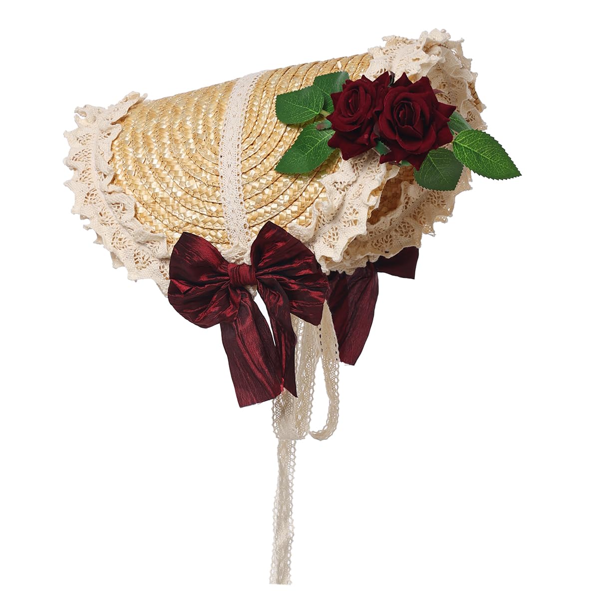 COSDREAMER Girls Women Victorian Bonnet Tea Party Hats Flowers Straw Hat Wine Red