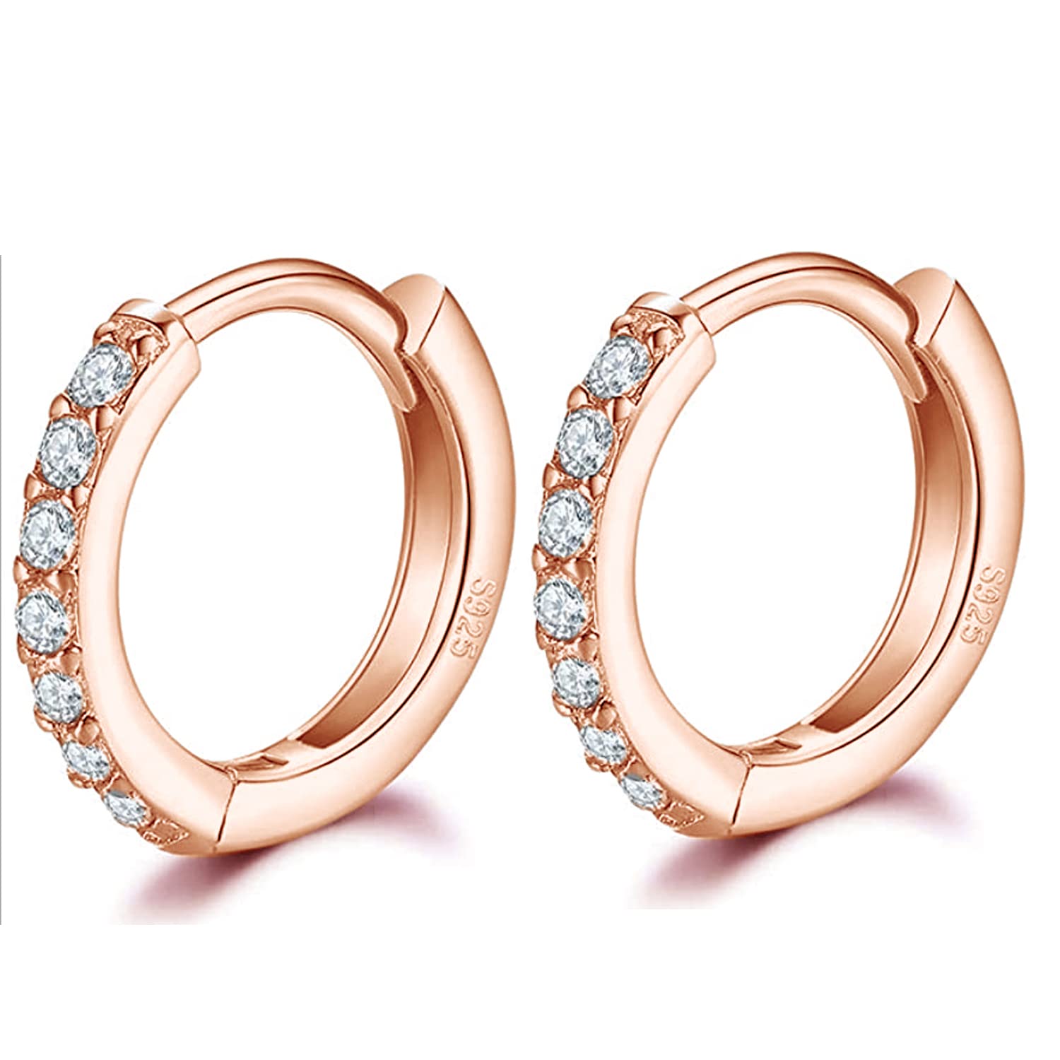 GULICX 12mm Silver Rose Gold Hoop Earrings for Women Men Teens, Hypoallergenic 925 Sterling Silver Post Small Hoop Earrings with AAA Cubic Zirconia, Huggie Hinged Cartilage Sleeper Hoops Earring