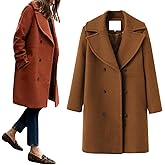 utcoco Women's Wool Blend Double Breasted Pea Coat Notched Lapel Mid Long Trench Overcoat with Pockets