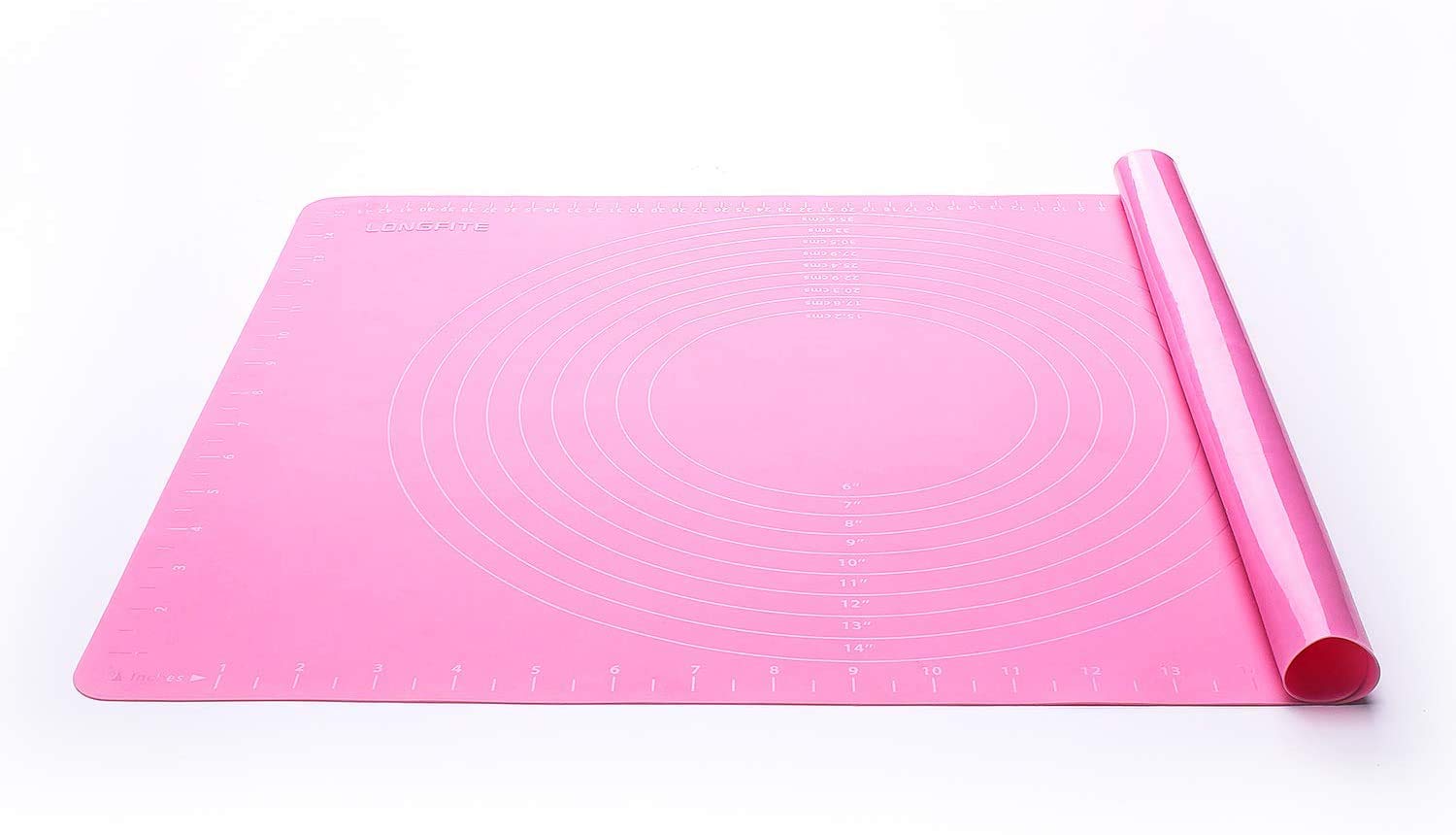 LONGFITE Silicone Pastry Mat Non Stick Large Baking Mat with Measurement Fondant Mat, Counter Mat, Dough Rolling Mat, Oven Liner, Pie Crust Mat 20'' by 16'' (Pink)