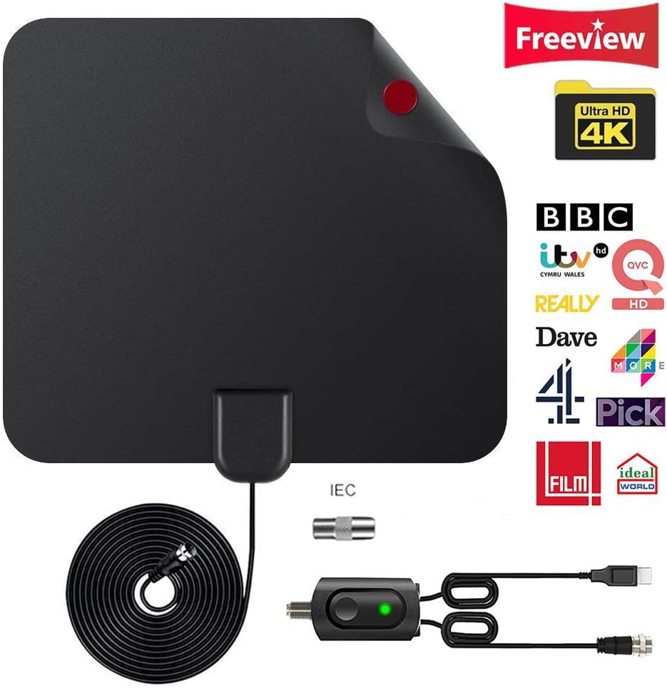 【2019 Upgrade 】TV Aerial,Amplified Digital HDTV Aerial Indoor 65+Mile Range with 4K 1080P HD VHF UHF Freeview TV for Life Local Channels Broadcast for All Types of Home Smart Television (Black)