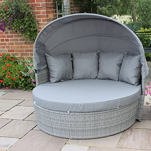 Amelie Deluxe Grey Rattan Day Bed Sofa Set With Hood, Coffee Table