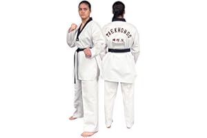 Daedo Taekwondo Uniform - Black Neck, WT Recognized, Ribbed Polyester, Includes Pants & Top with Embroidered Taekwondo