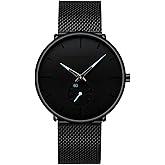 Men Watches Fashion Black Ultra Thin Waterproof Stainless Steel Quartz Wristwatch for Women Unisex Dress Watch 