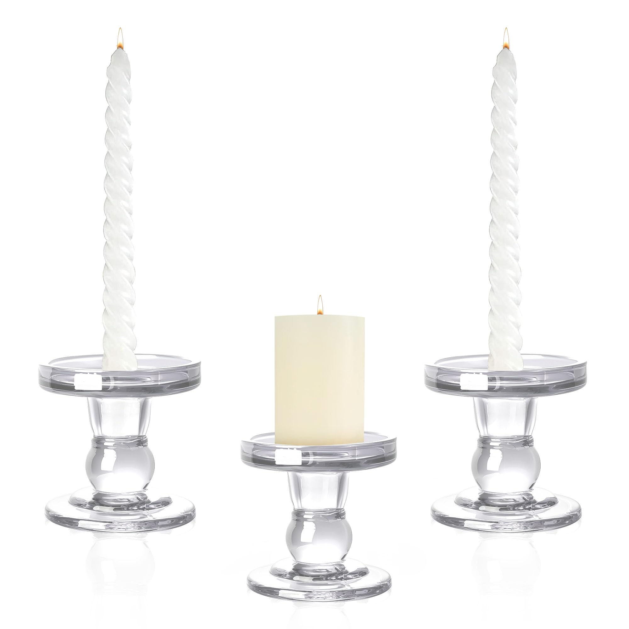 3pcs Glass Candle Holders for Pillar and Taper Candles, Clear Decorative Glass Candlestick Holder set for Wedding, Table Centrepieces, Home Decor (Clear)