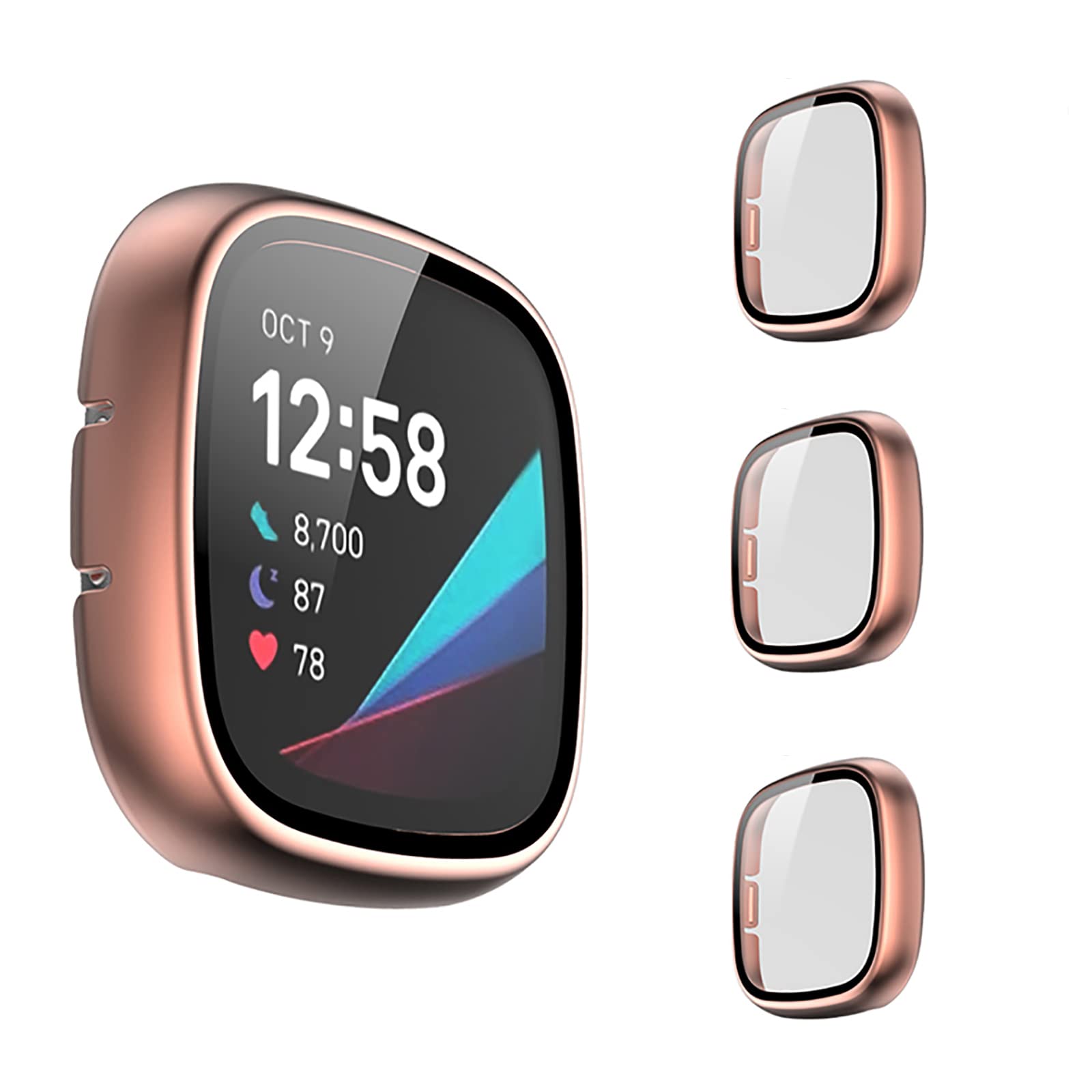 3 Pack Screen Protector Case Compatible for Fitbit Versa 3/Sense, PC+Tempered Film Full Coverage Screen Protective Hard Case Bumper Cover for Women Men(Rose Gold)