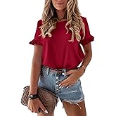 PRETTYGARDEN Women's Short Sleeve Casual T Shirts Summer Ruffle Plain Round Neck Loose Fit Tee Blouse Tops