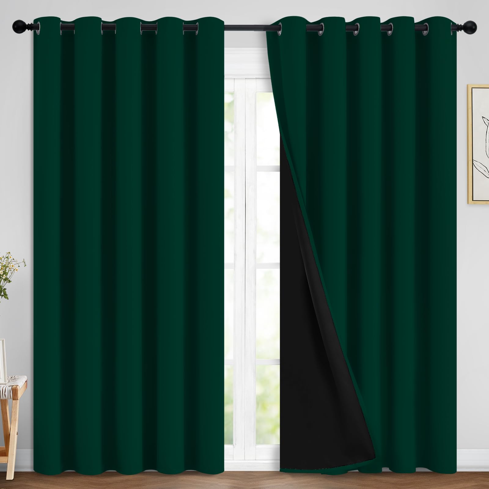 Yakamok 100% Blackout Curtain for Bedroom,Thermal Insulated Drapes with Black Liner Full Room Darkening Energy Efficiency Window Curtains for Living Room(70Wx84L,Dark Green, 2 Panels) Image
