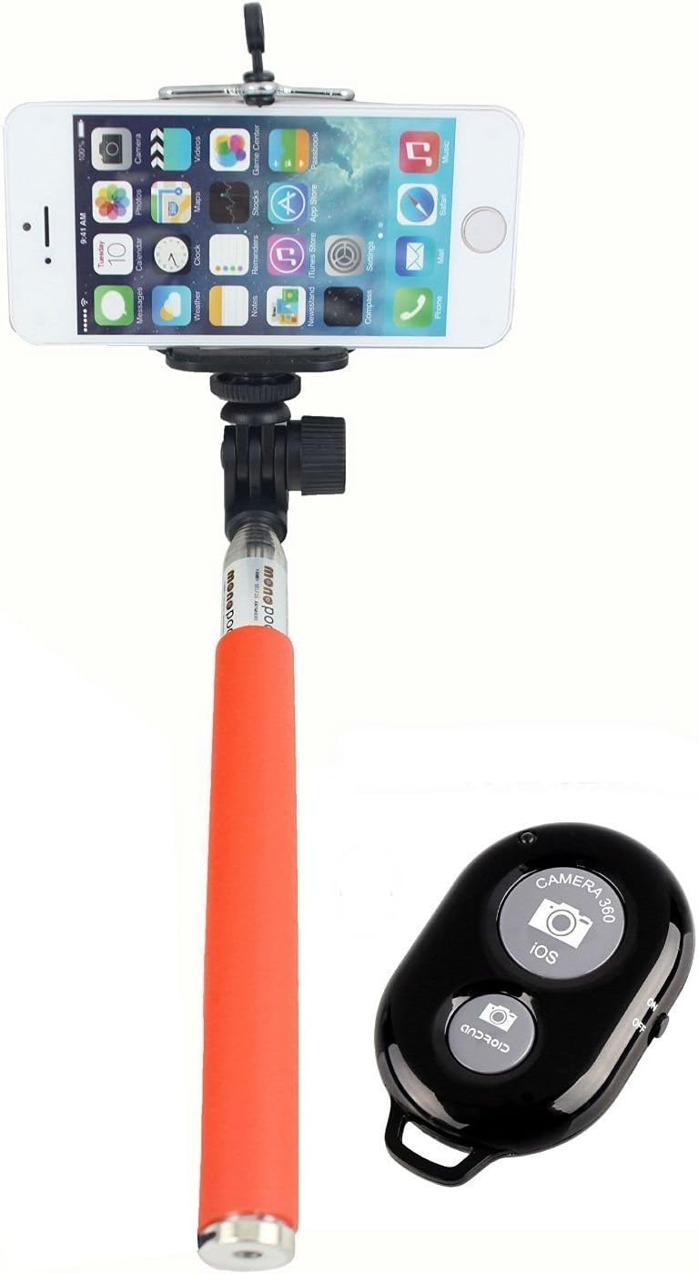 Extendable Monopod Selfie Stick with Adjustable Phone Holder and Bluetooth Wireless Remote Shutter - Orange