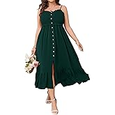 SCOMCHIC Womens Plus Size Summer Dresses Sleeveless Spaghetti Strap Button Down Smocked Beach Long Maxi Dress with Slit
